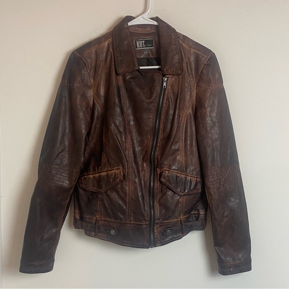 Kut from the Kloth Vegan Leather Jacket Burnout Brown Full Zip Moto Medi… - Picture 2 of 12